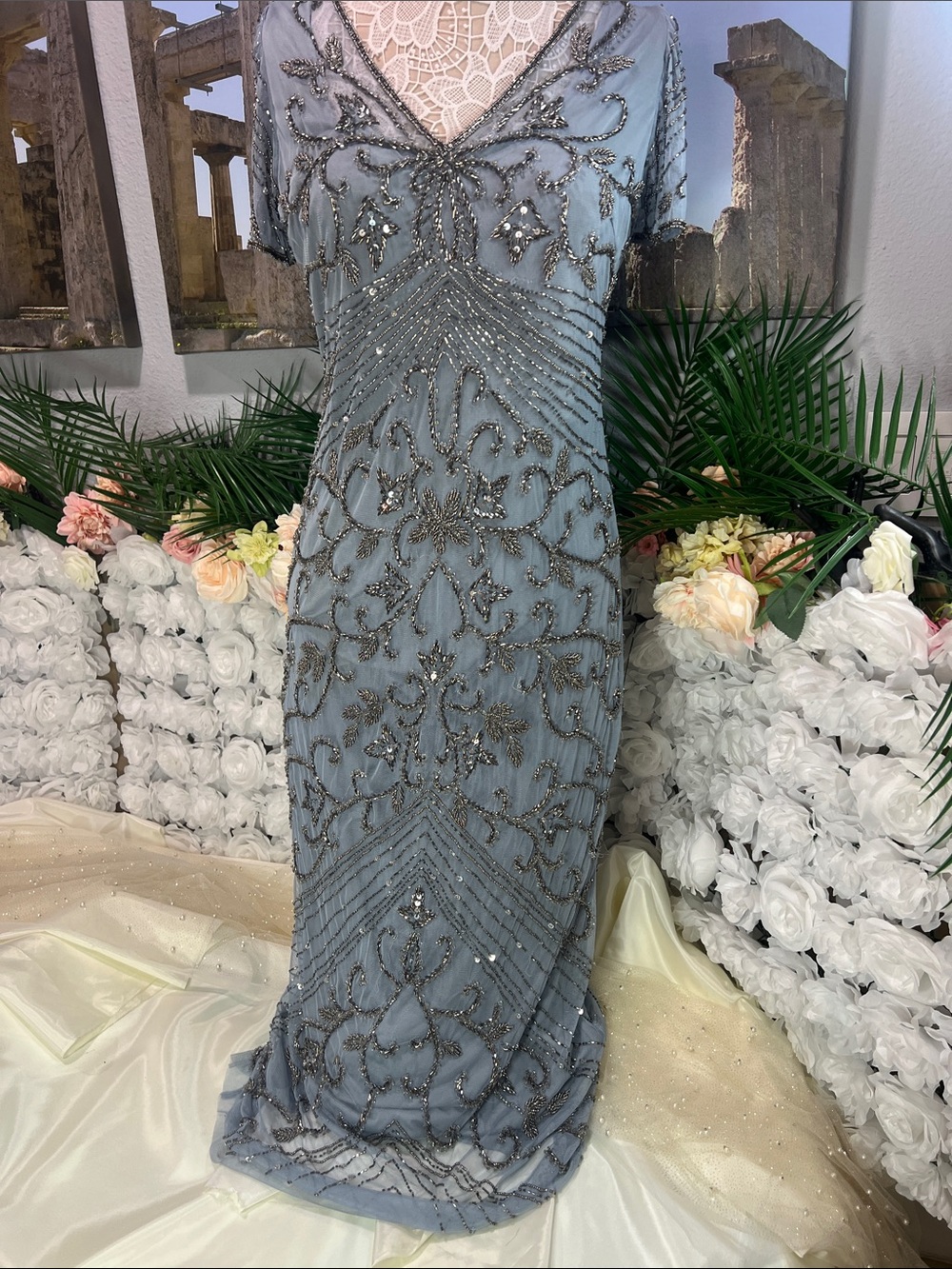 Pisarro Nights Beaded V-Neck Maxi Dress in Dusty Blue with Gunmetal Accents